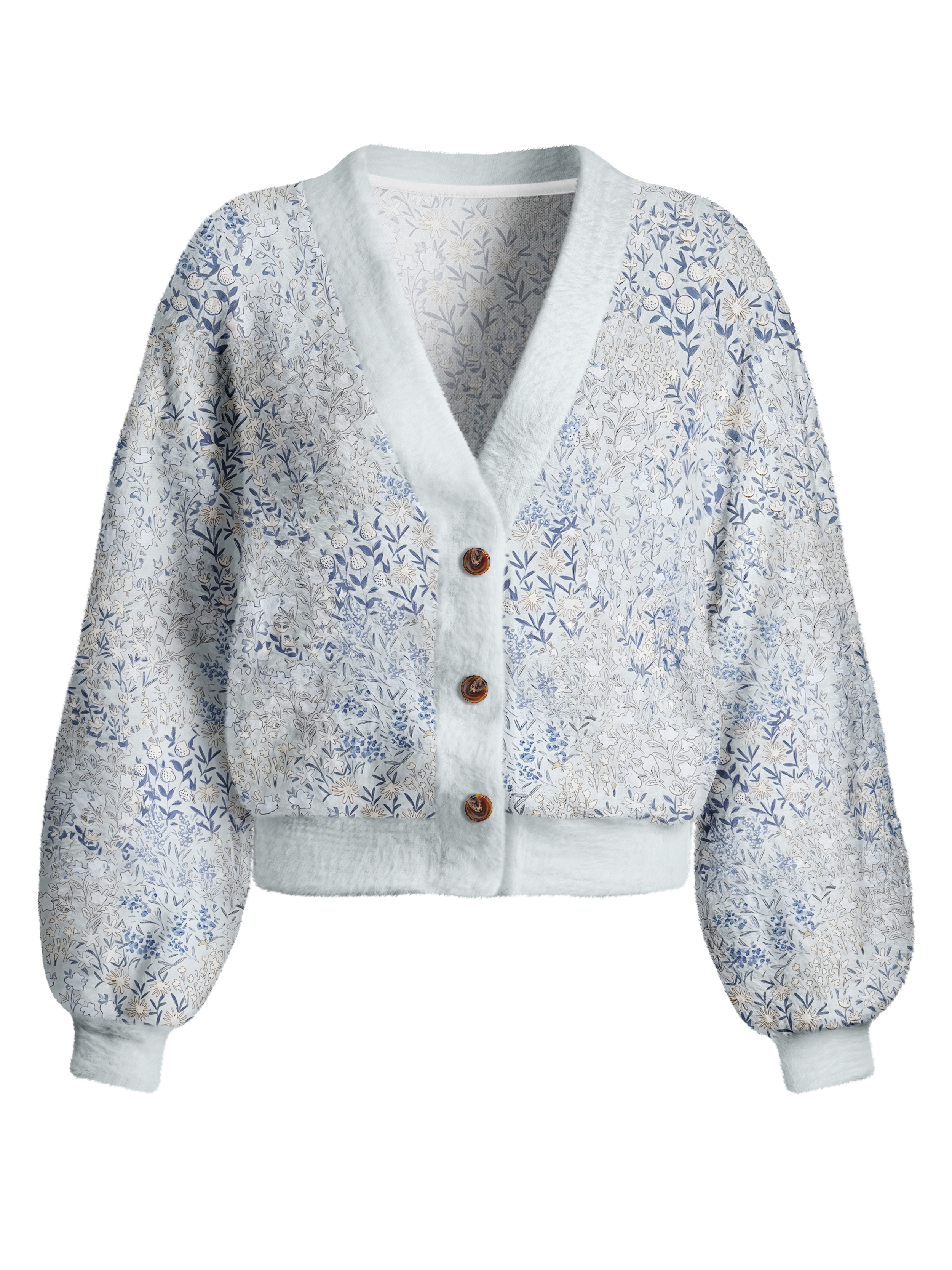 Cherryswing Women's Porcelain Botanical Sketch Fuzzy Knit Golf Cardigan