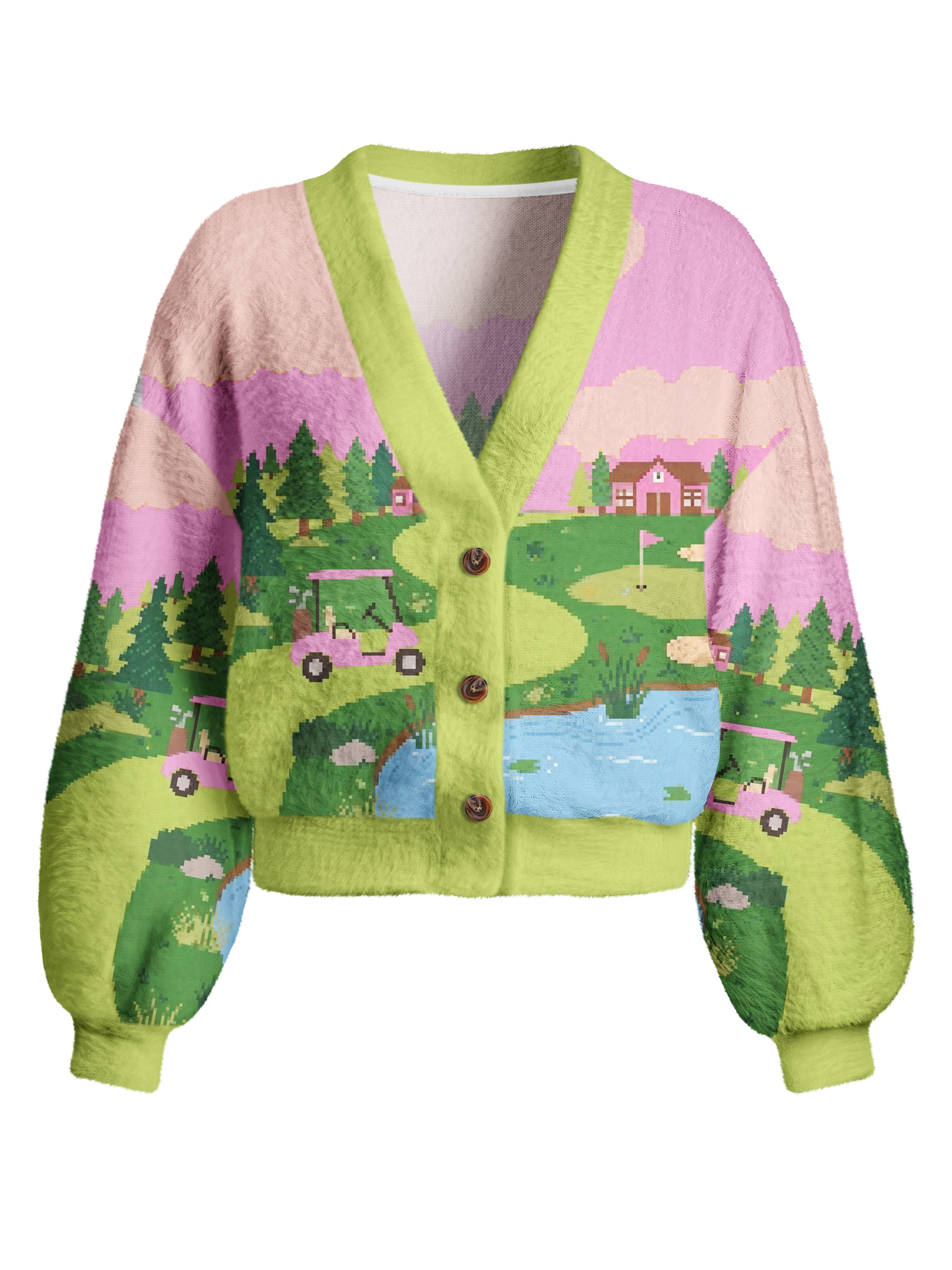 Cherryswing Women's Retro Pixel Landscape Fuzzy Knit Golf Cardigan