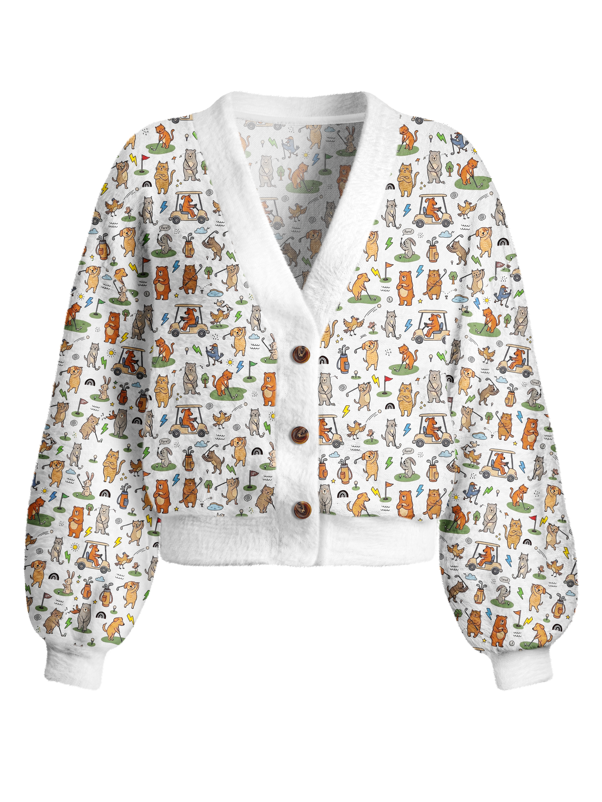 Cherryswing Women's Playful Animal Golfers Fuzzy Knit Golf Cardigan