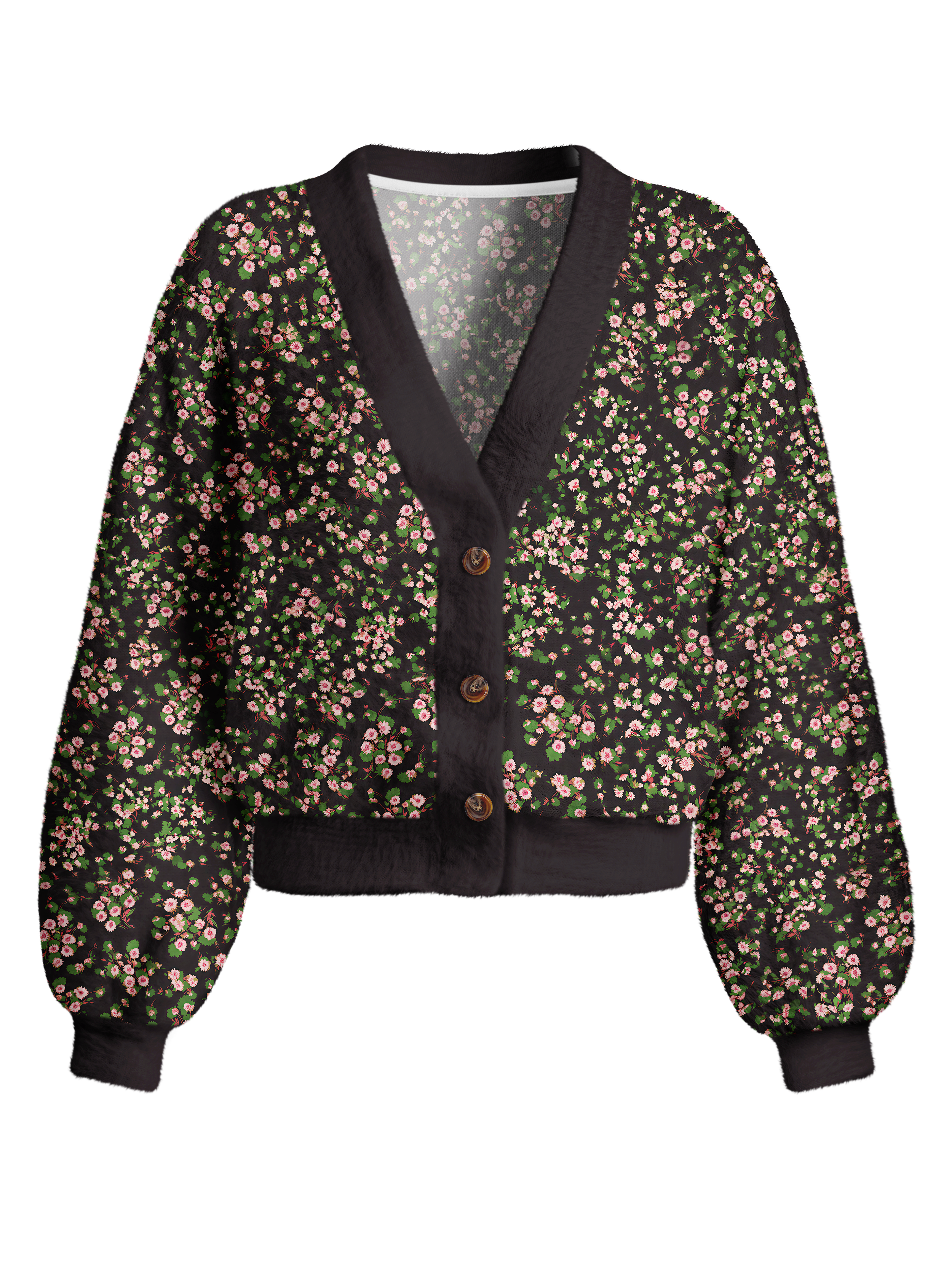 Cherryswing Women's Floral Meadow Print Fuzzy Knit Golf Cardigan