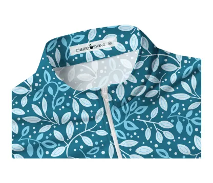 Cherryswing Women's Teal Leaf Motif Sleeveless Golf Shirt
