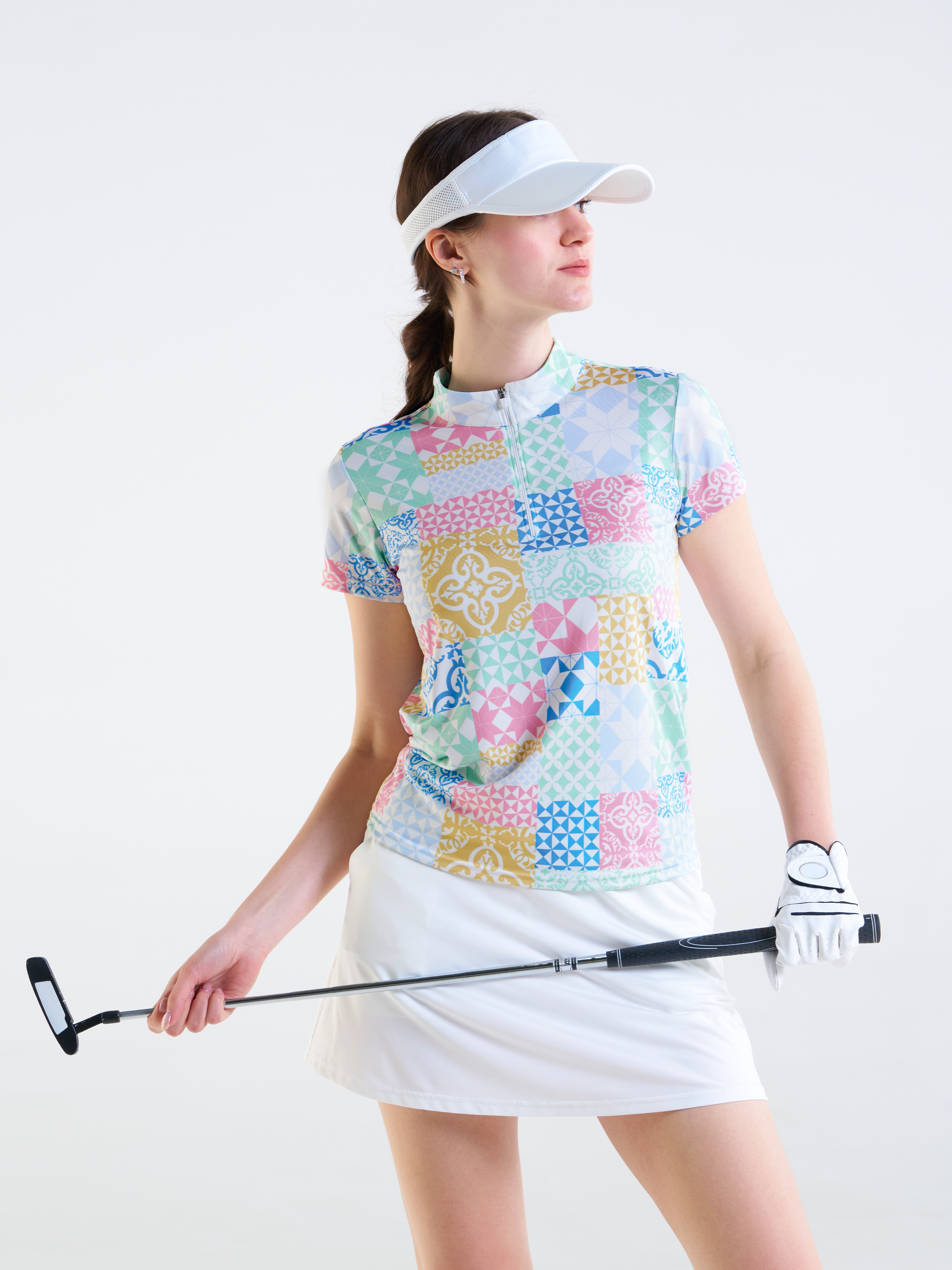 Cherryswing Women's Square and Diamond Patterns Short Sleeve Golf Shirt
