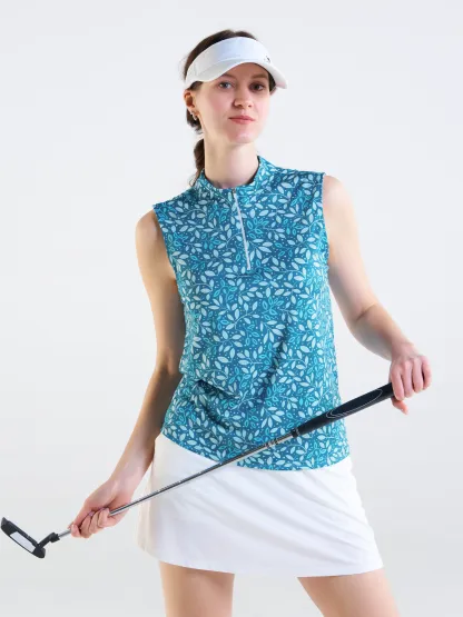 Cherryswing Women's Teal Leaf Motif Sleeveless Golf Shirt
