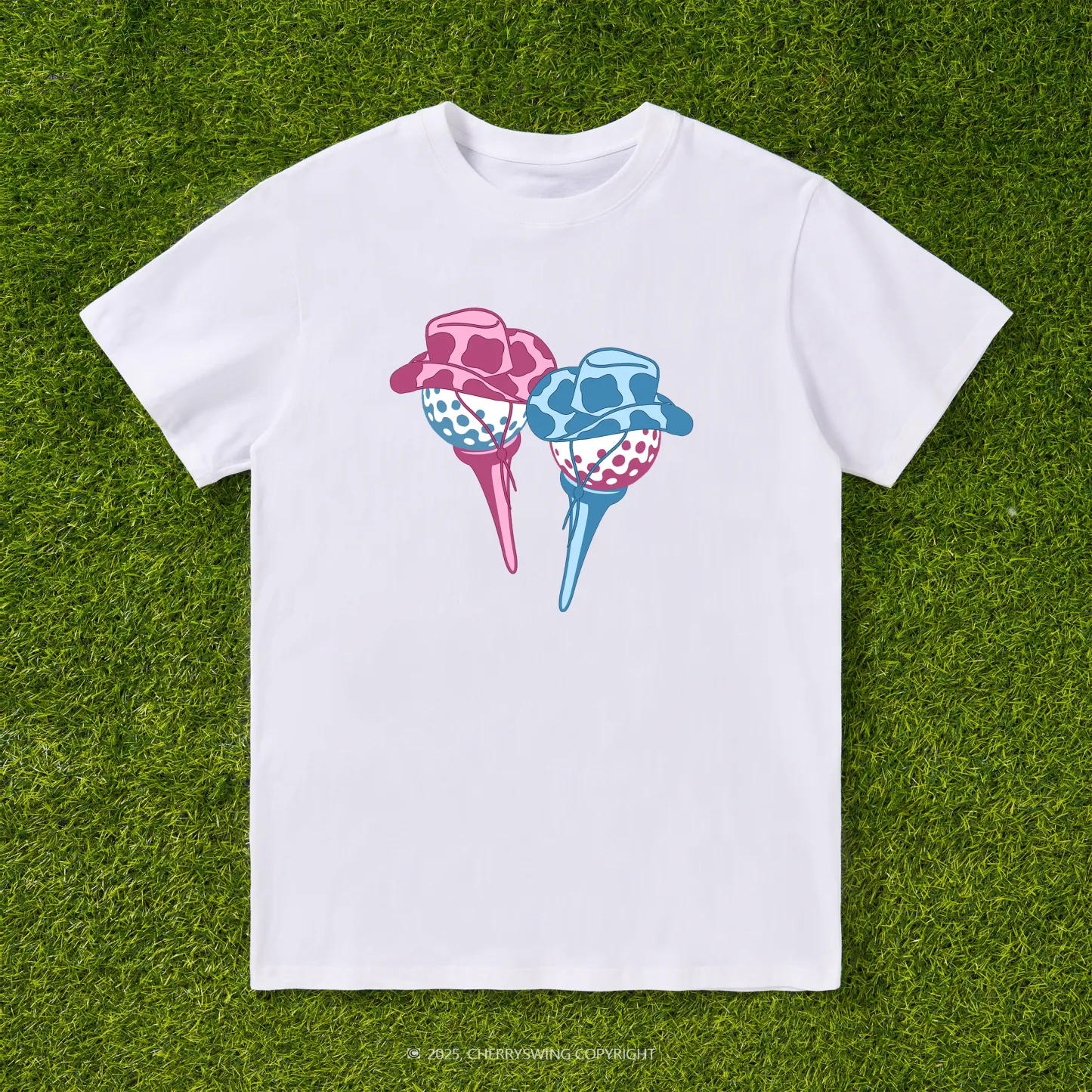 Cherryswing Ball and Club Hat Couple Pattern White T-Shirt
