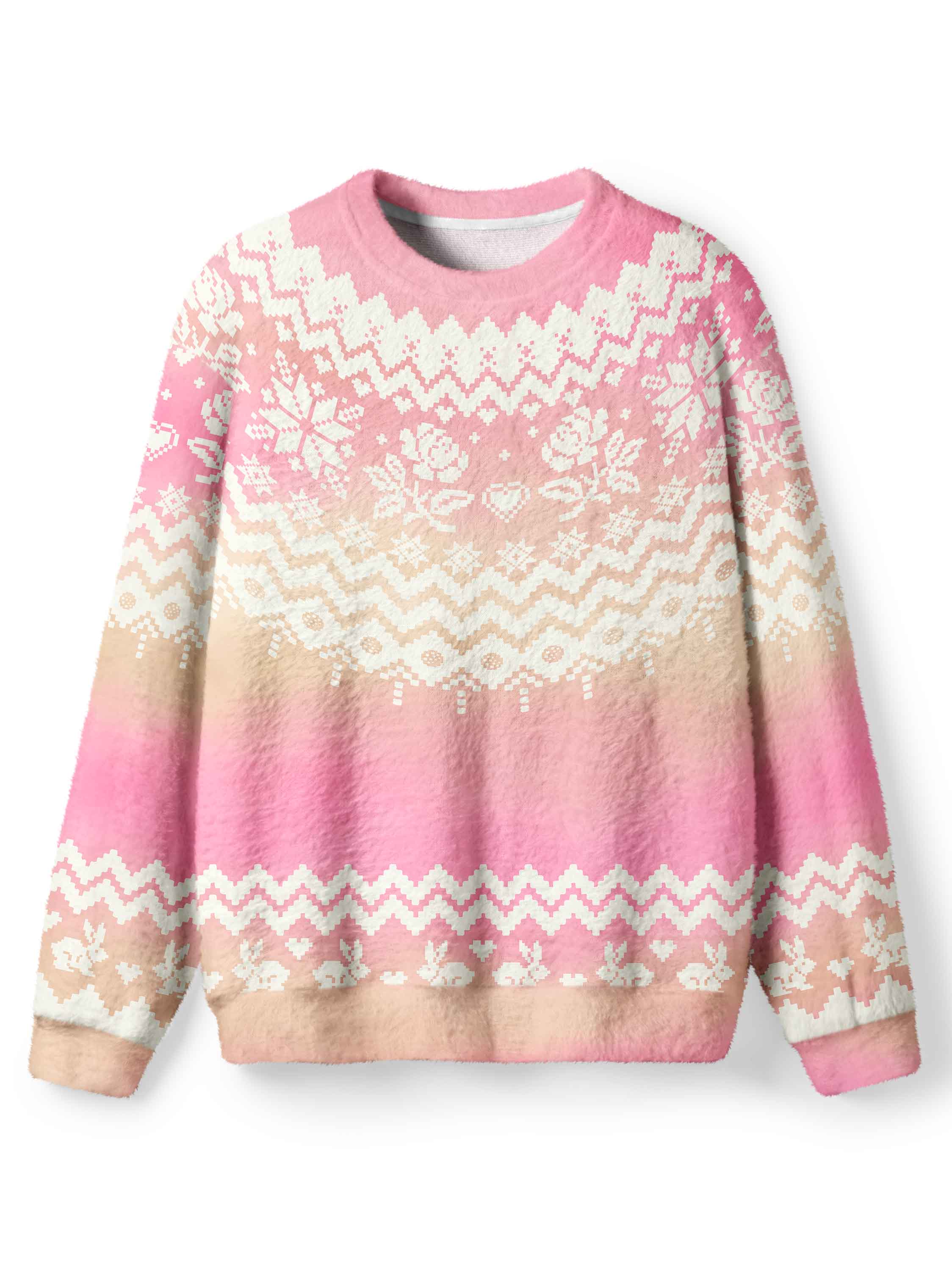 Cherryswing Women's Pixel Rose Fuzzy Crew Neck Sweater