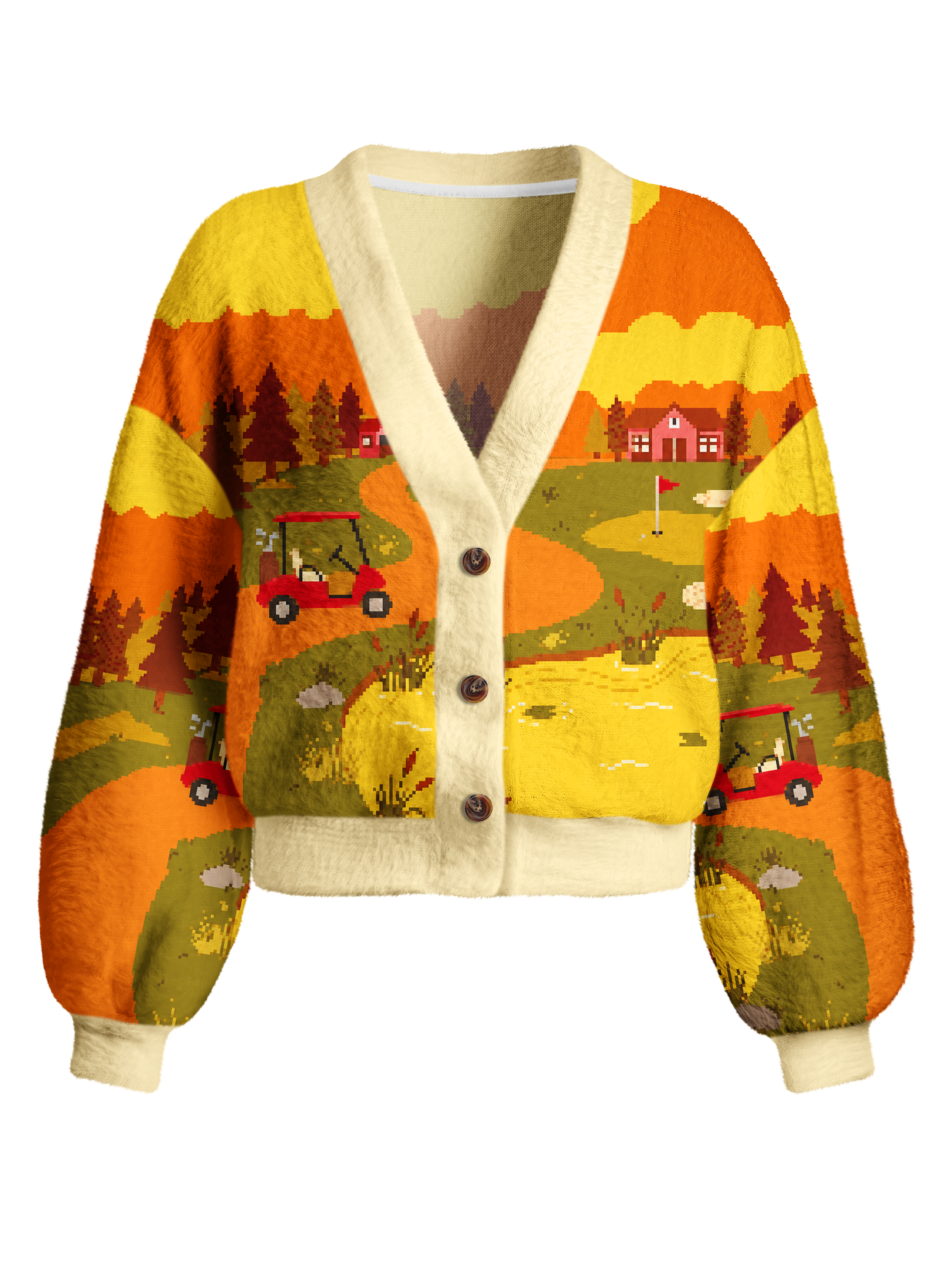 Cherryswing Women's Retro Pixel Landscape Fuzzy Knit Golf Cardigan