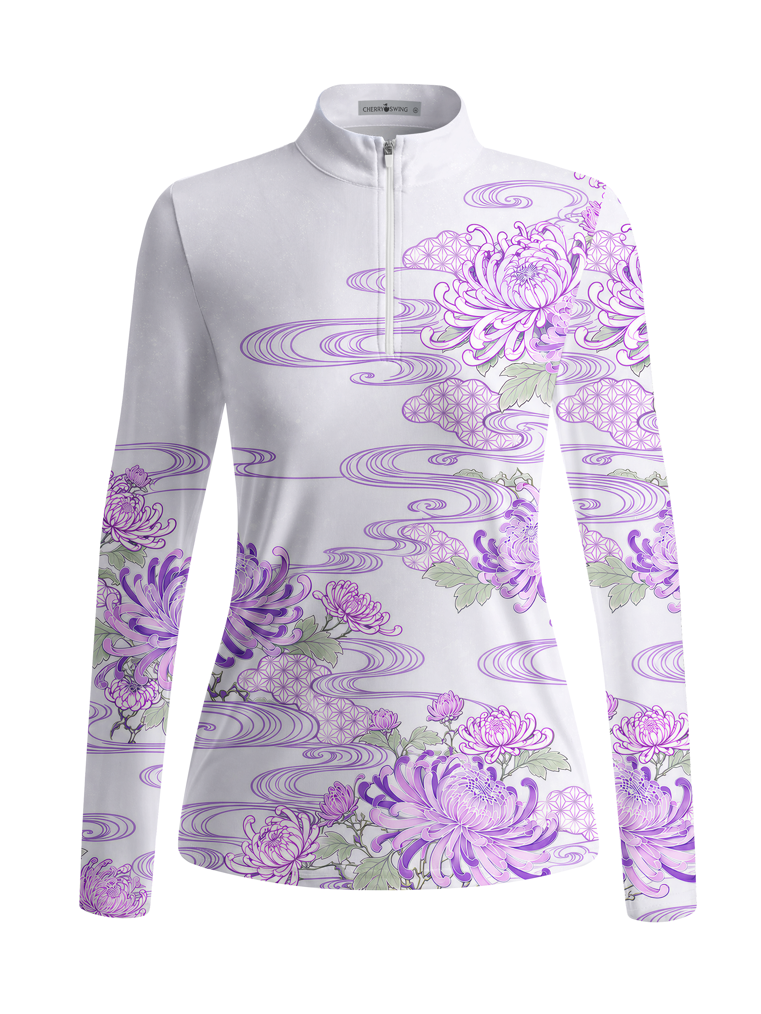 Cherryswing Women's Oriental Golden Chrysanthemum Long Sleeve Golf Shirt