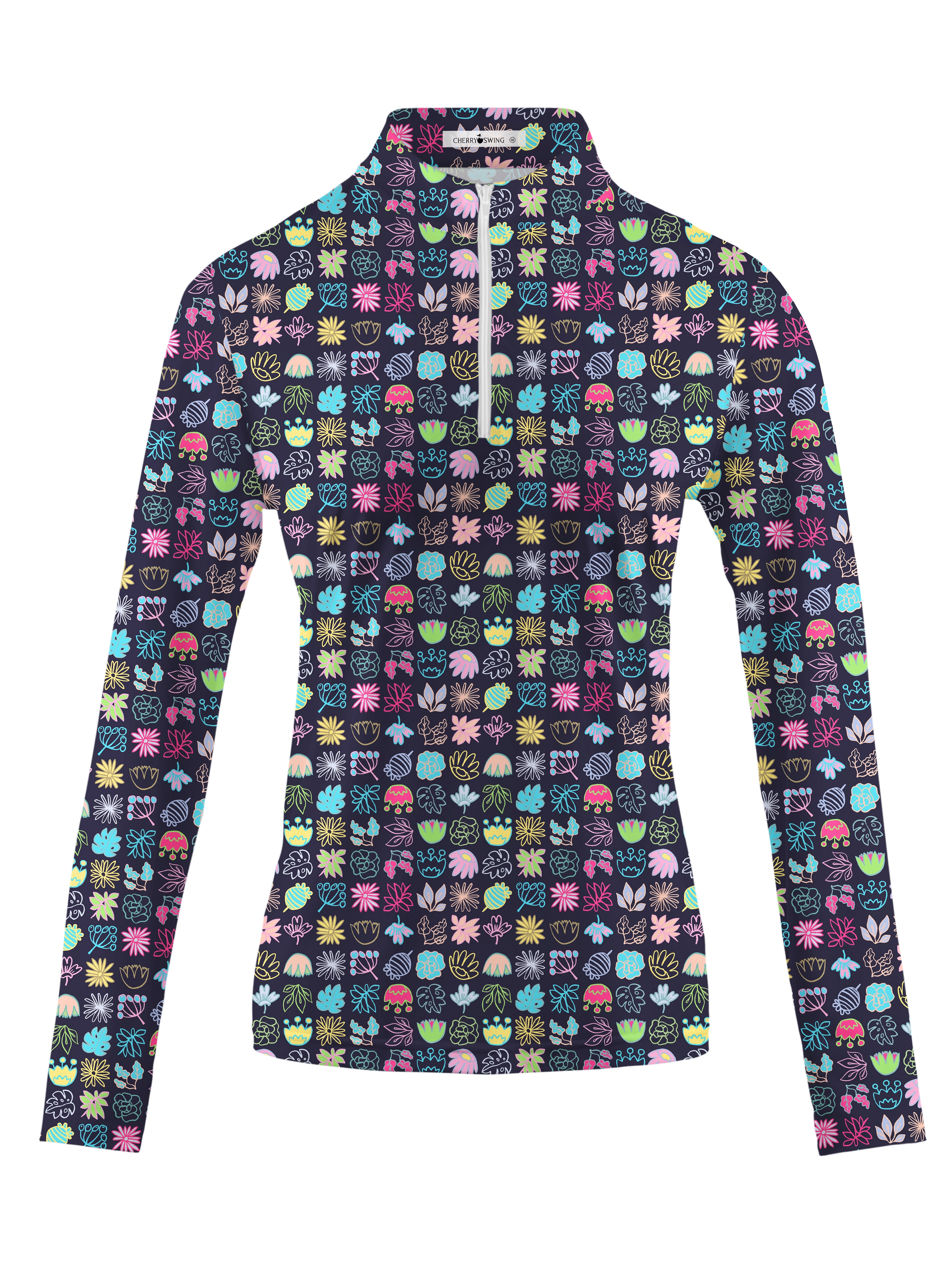 Cherryswing Women's Colorful Squares Long Sleeve Polo Shirt