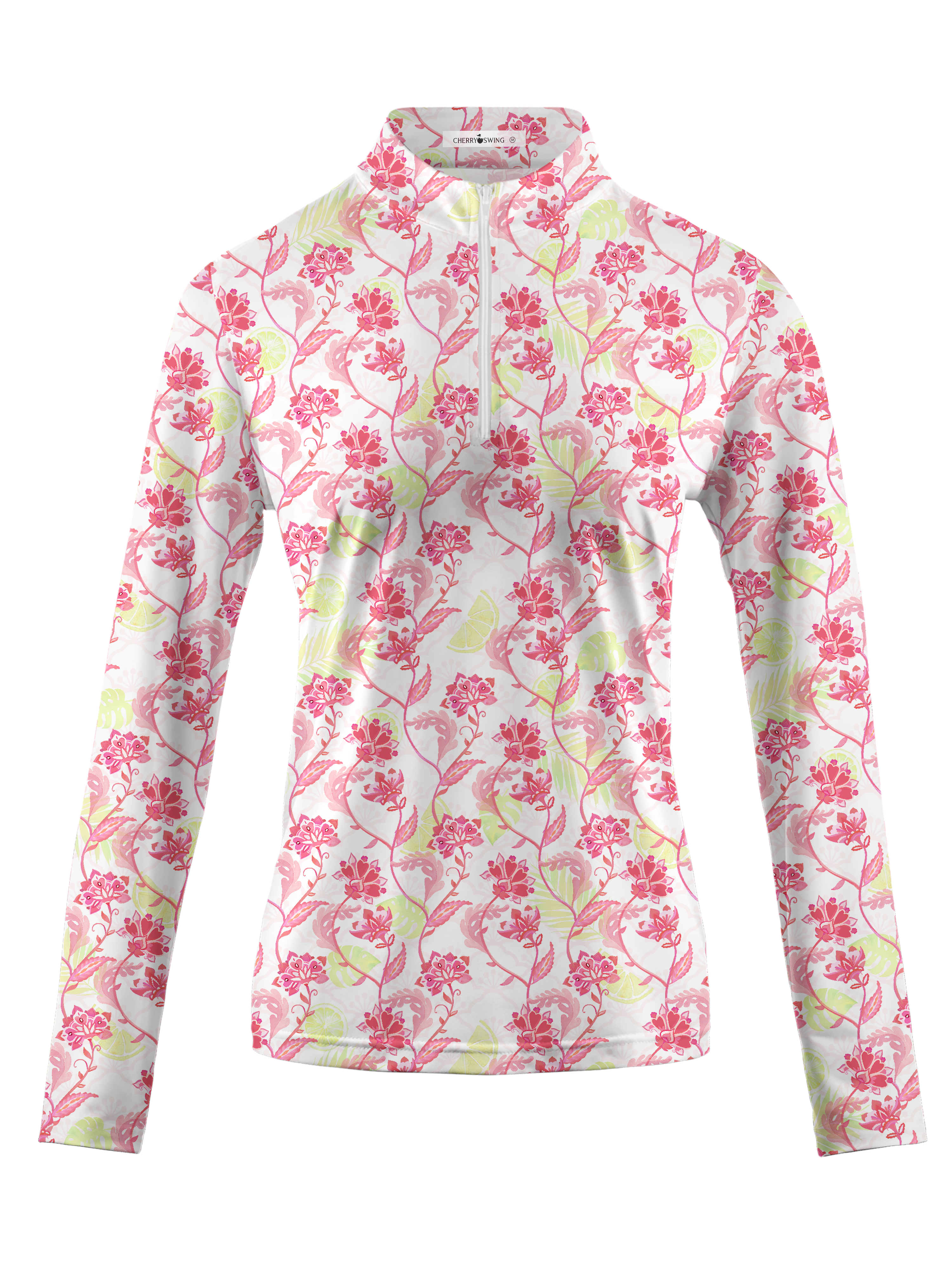 Cherryswing Women's Pink Flowers Long Sleeve Polo Shirt