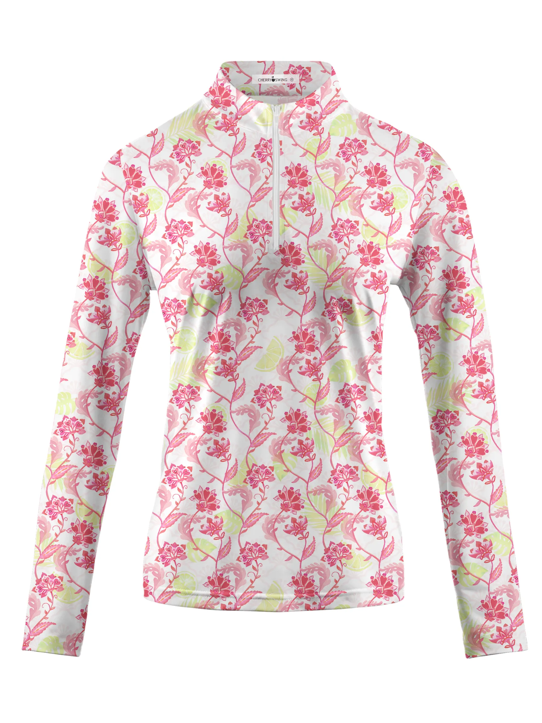 Cherryswing Women's Pink Flowers Long Sleeve Polo Shirt