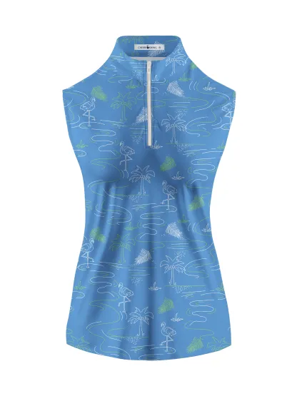Cherryswing Women's Sleeveless Flamingos Playing Golf Polo Shirt
