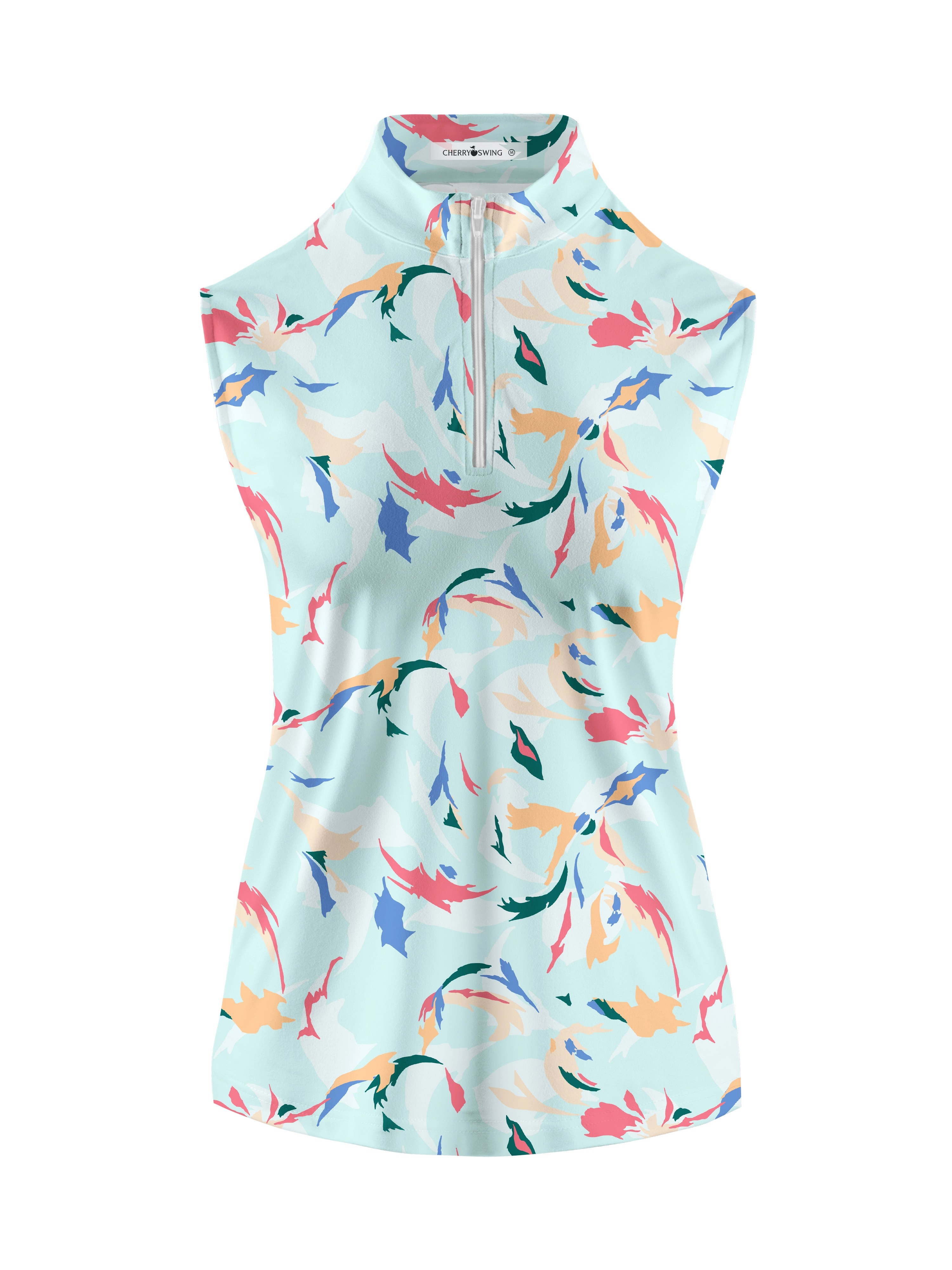 Cherryswing Women's Sleeveless Floral Color Matching Golf Polo Shirt