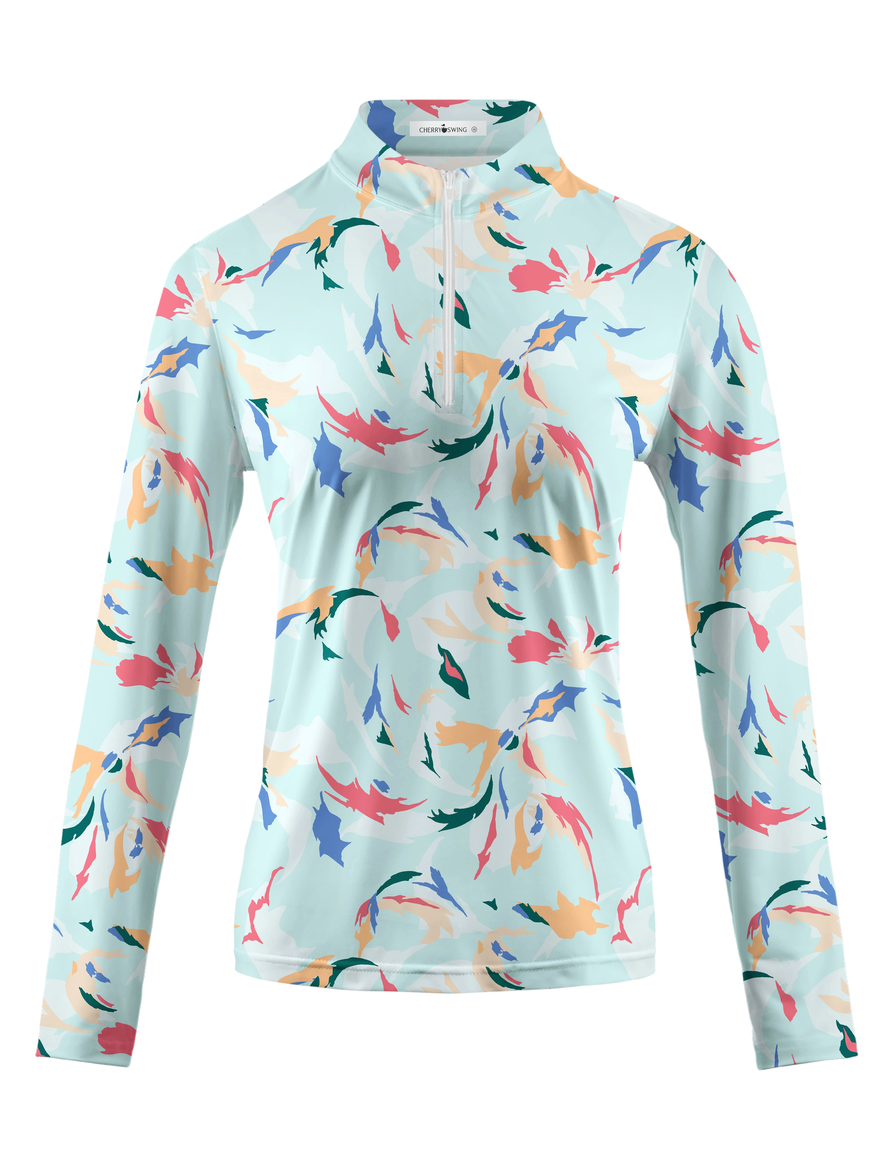 Cherryswing Women's Golf Floral Color Matching Long Sleeve Polo Shirt