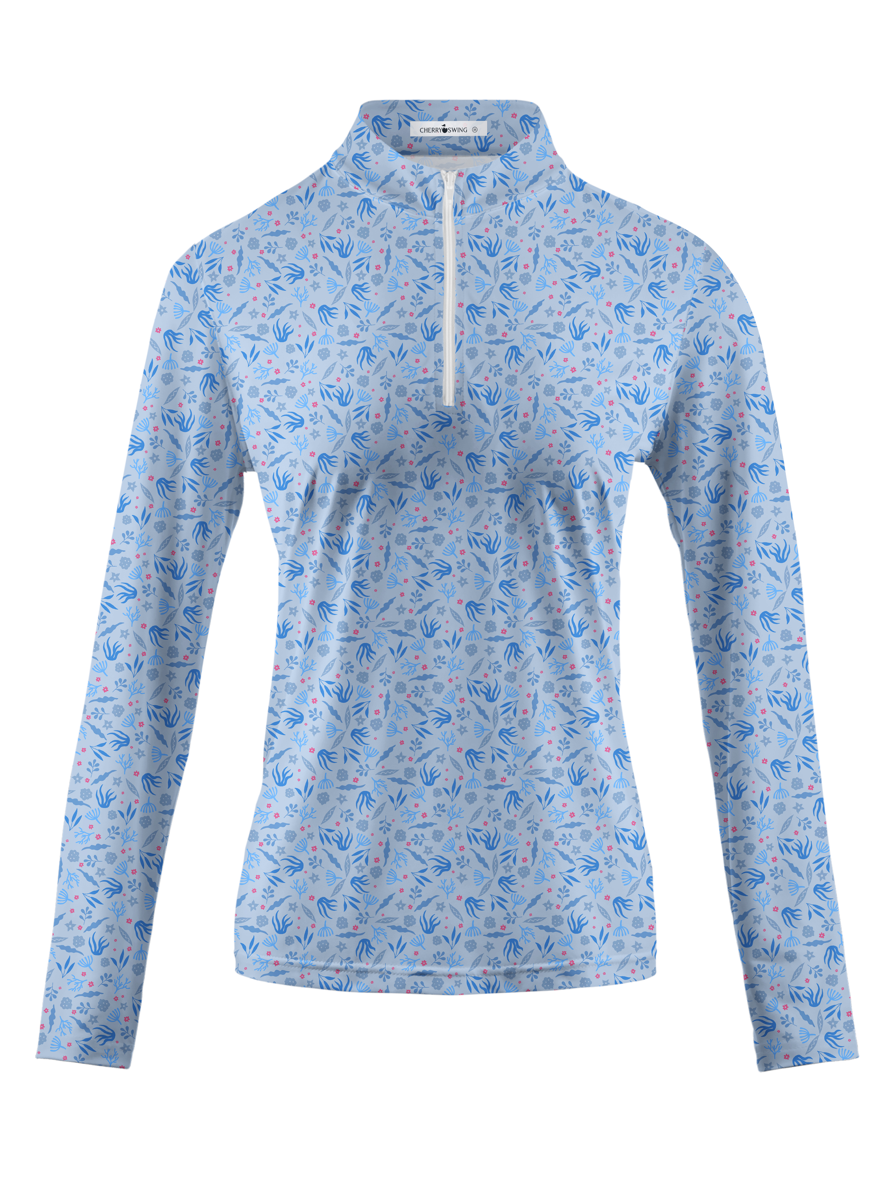 Cherryswing Women's Sky Blue Floral Long Sleeve Polo Shirt