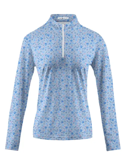 Cherryswing Women's Sky Blue Floral Long Sleeve Polo Shirt