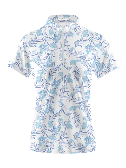 Cherryswing Women's Blue Floral Golf Sleeve Polo Shirt