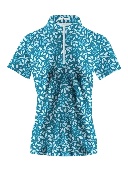 Cherryswing Women's Teal Leaf Motif Short Sleeve Golf Polo Shirt
