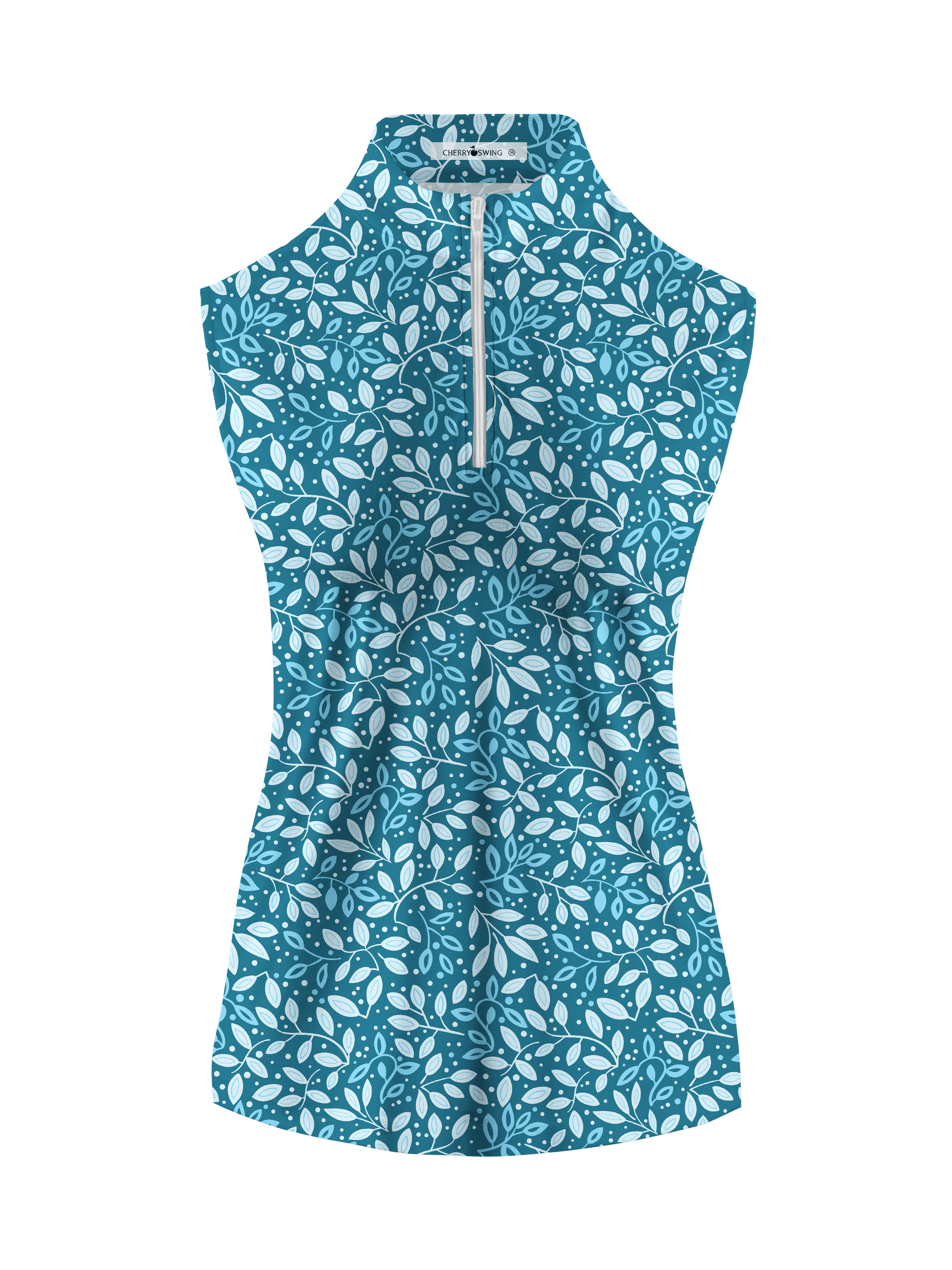 Cherryswing Women's Teal Leaf Motif Sleeveless Golf Shirt