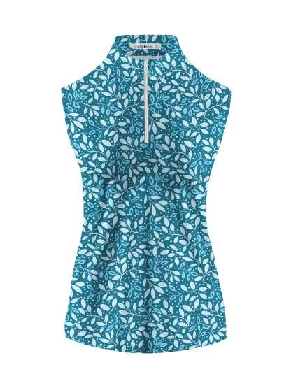 Cherryswing Women's Teal Leaf Motif Sleeveless Golf Shirt