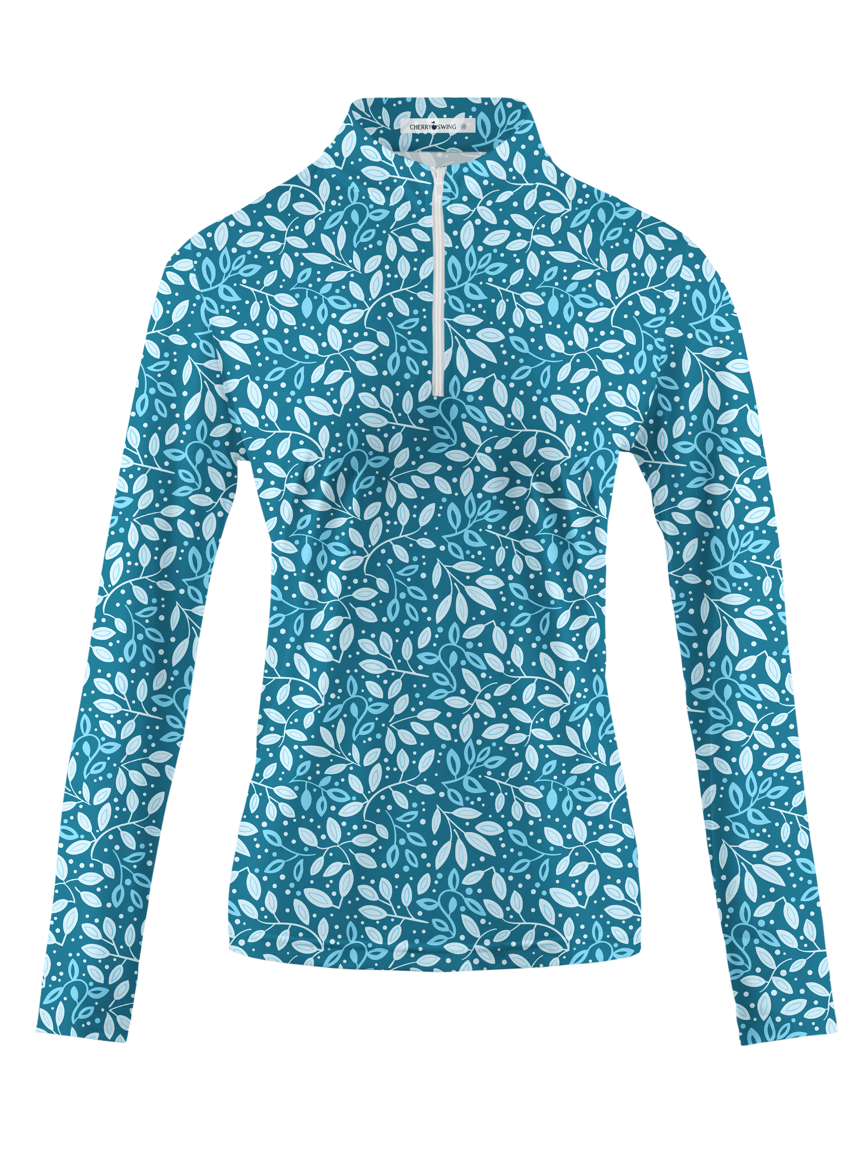 Cherryswing Women's Teal Leaf Motif Long Sleeve Golf Polo Shirt