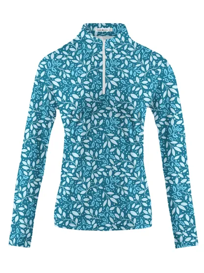 Cherryswing Women's Teal Leaf Motif Long Sleeve Golf Polo Shirt