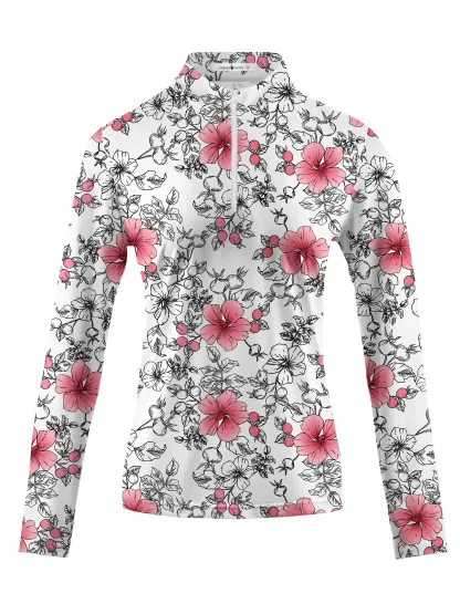 Cherryswing Women's Gradient Color Flowers Long Sleeve Golf Polo Shirt