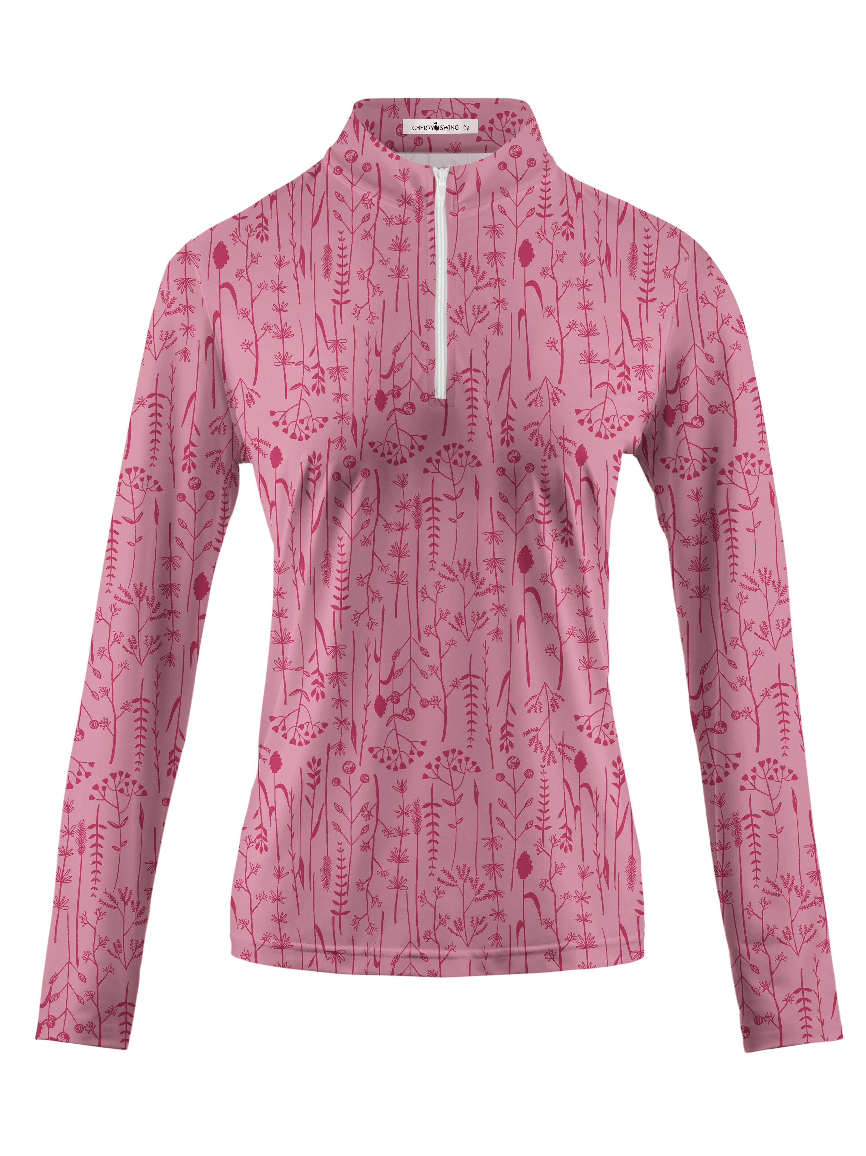 Cherryswing Women's Pink Fern Frolic Long Sleeve Golf Polo Shirt