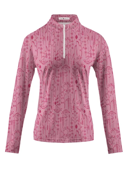 Cherryswing Women's Pink Fern Frolic Long Sleeve Golf Polo Shirt