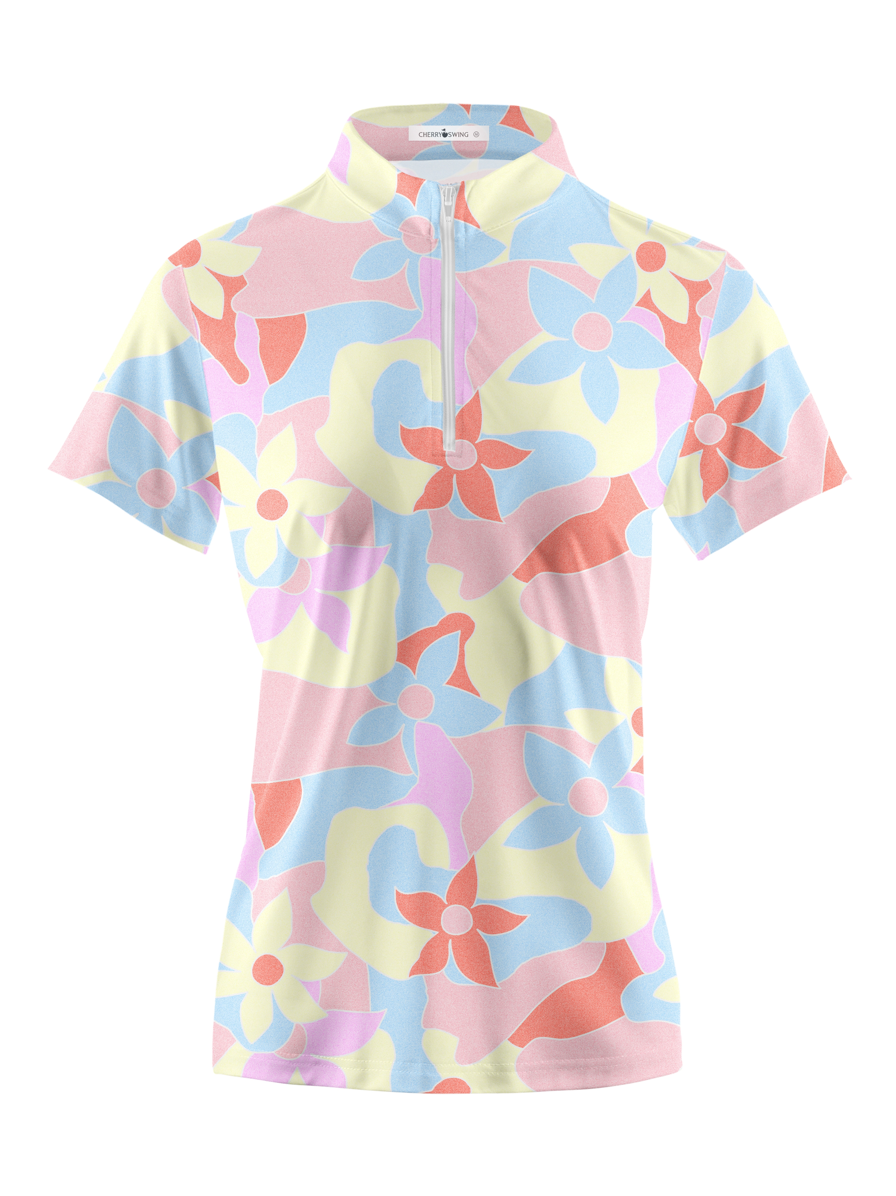 Cherryswing Women's Vibrant Floral Pattern Short Sleeve Polo Shirt