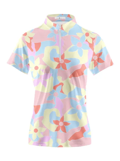 Cherryswing Women's Vibrant Floral Pattern Short Sleeve Polo Shirt