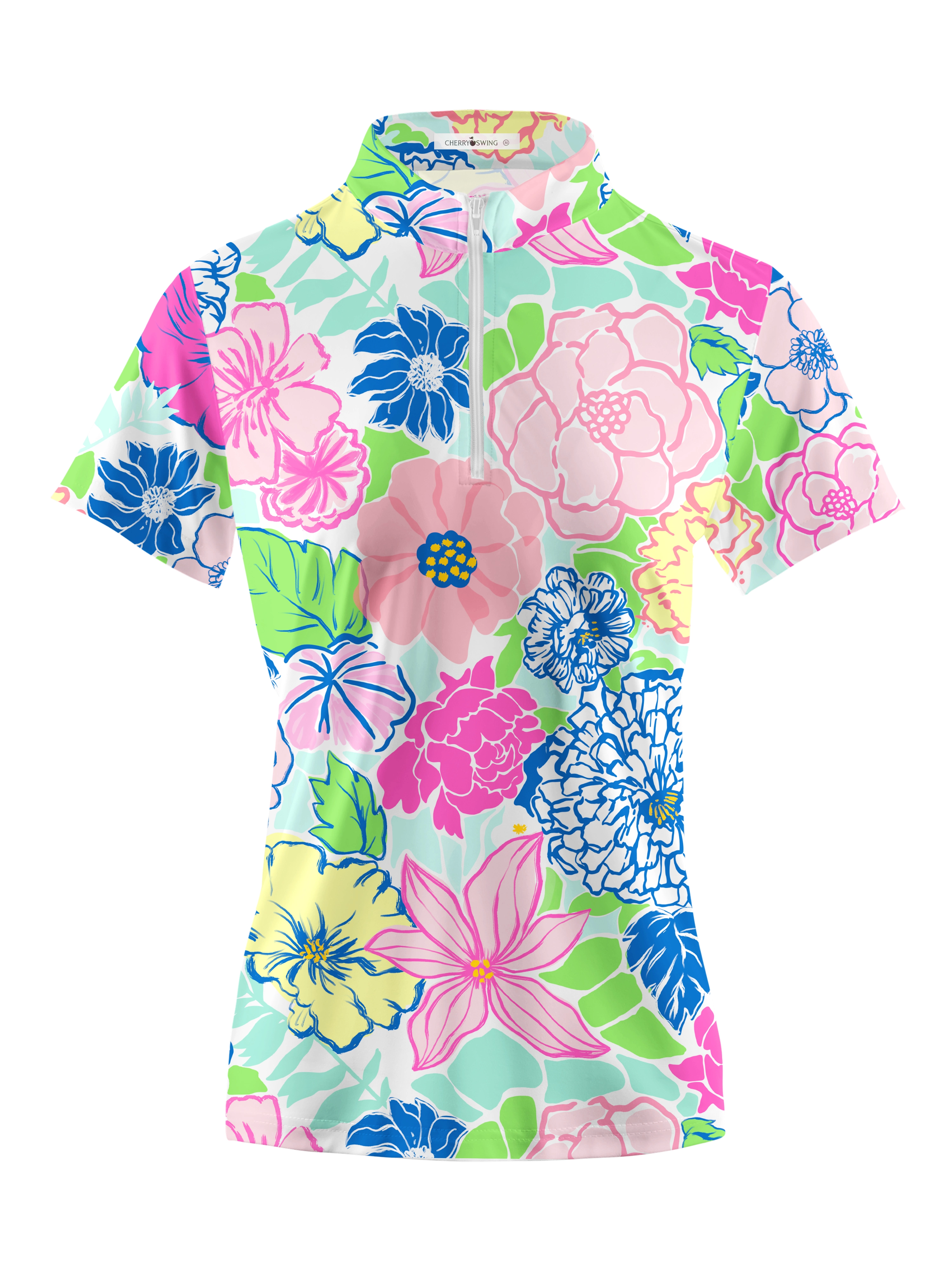 Cherryswing Women's Stylized Flowers Short Sleeve Polo Shirt