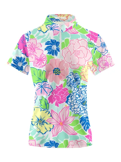 Cherryswing Women's Stylized Flowers Short Sleeve Polo Shirt