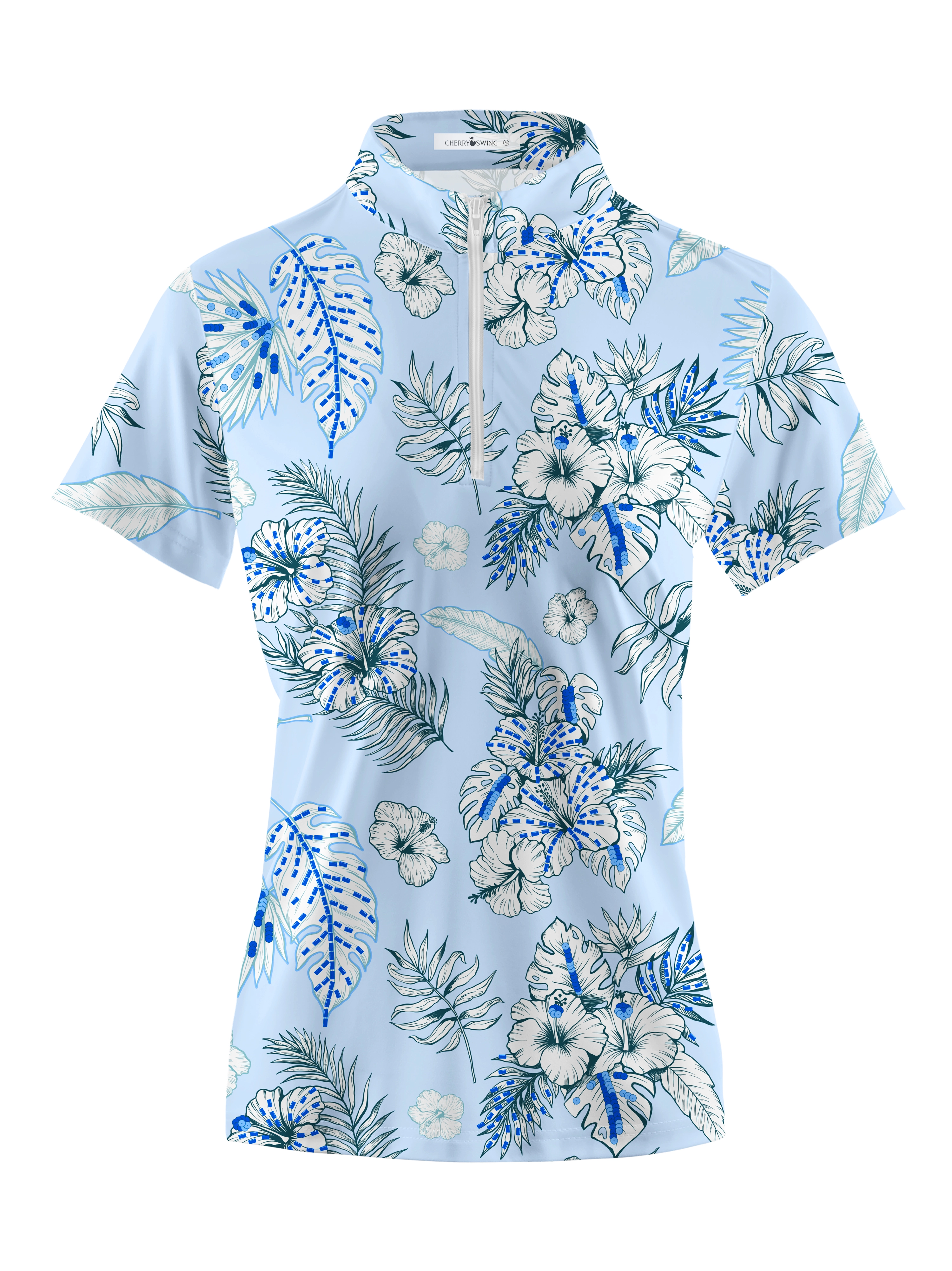 Cherryswing Women's Blue and White Flowers Short Sleeve Polo Shirt
