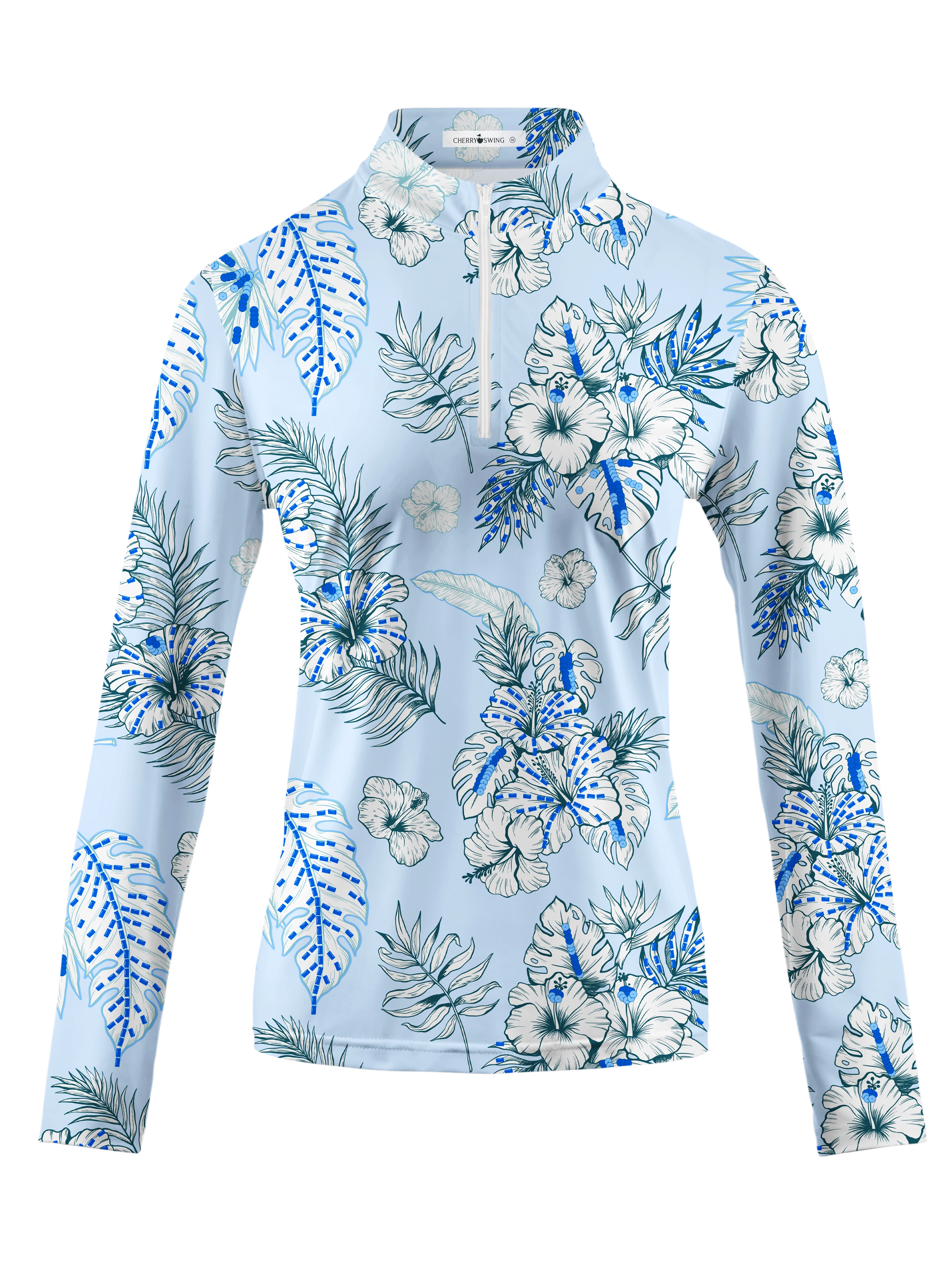 Cherryswing Women's Blue and White Flowers Golf Long Sleeve Polo Shirt