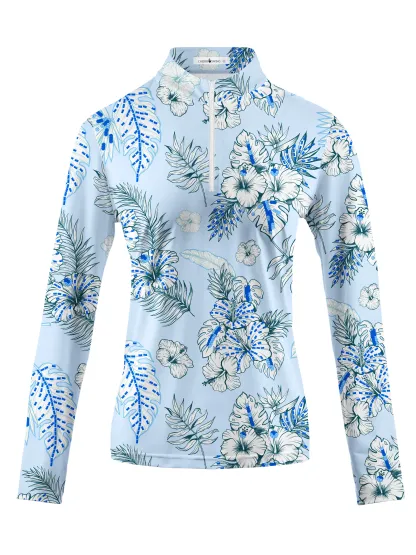 Cherryswing Women's Blue and White Flowers Golf Long Sleeve Polo Shirt