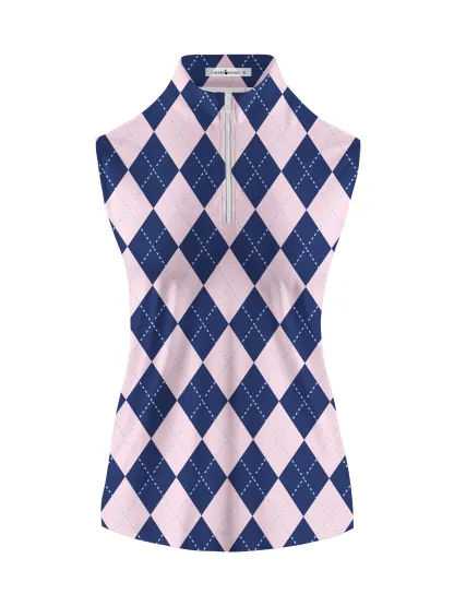 Cherryswing Women's Classic Argyle Patterns Golf Sleeveless Polo Shirt