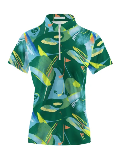 Cherryswing Women's Hawaiian Palm Leaf Short Sleeve Polos