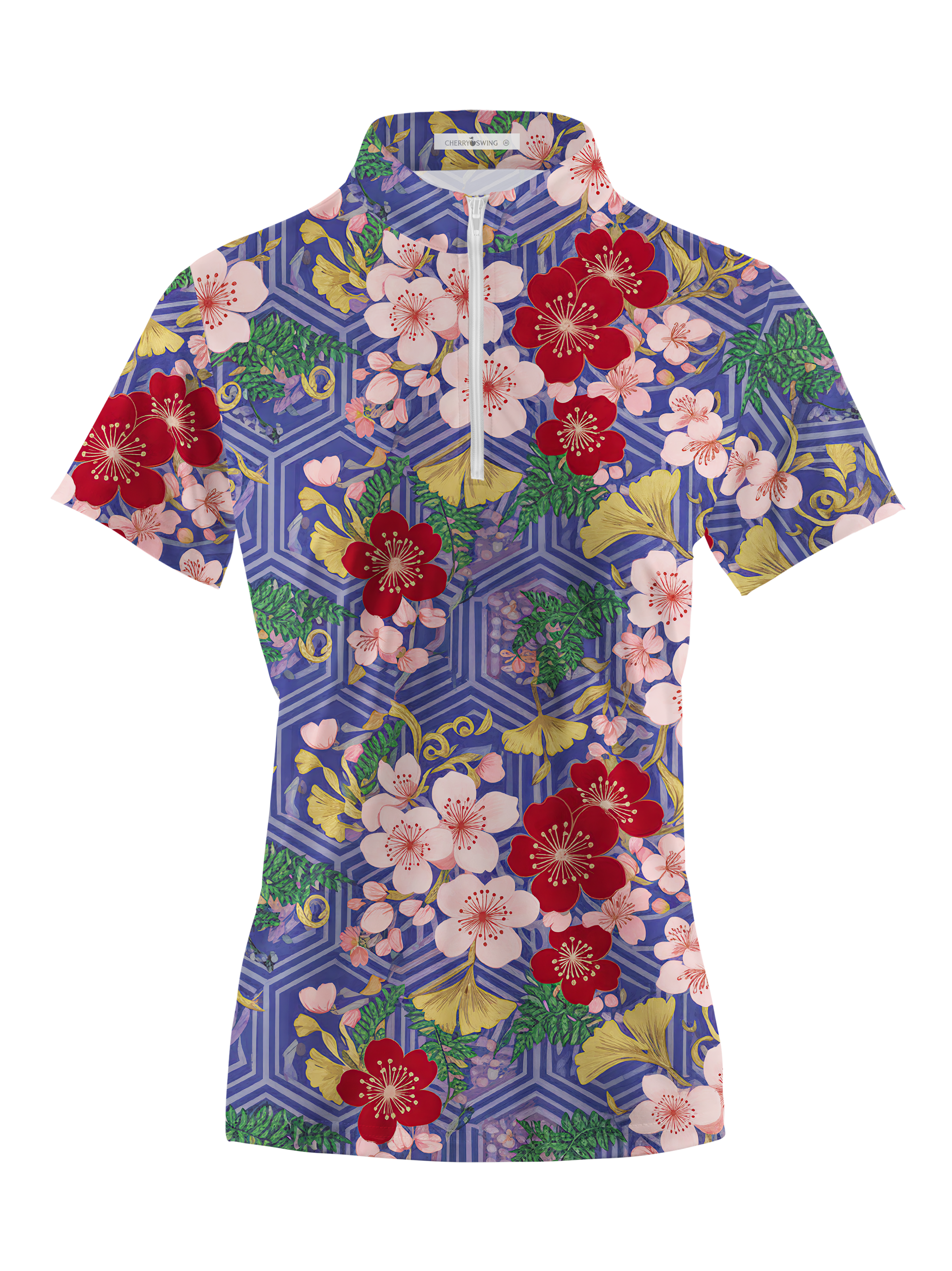 Cherryswing Women's Oriental Blossom Print Short Sleeve Polos