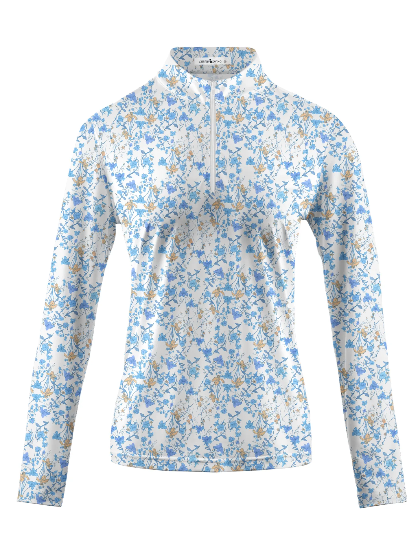 Cherryswing Women's Blue Floral Print Long Sleeve Golf Polo