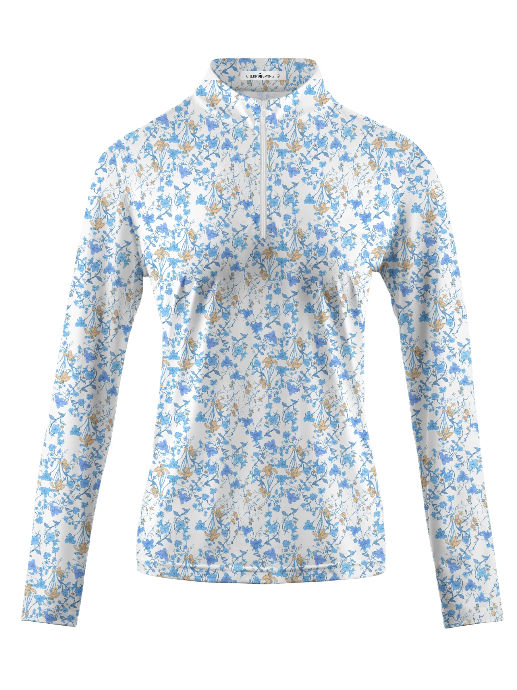 Cherryswing Women's Blue Floral Print Long Sleeve Golf Polo