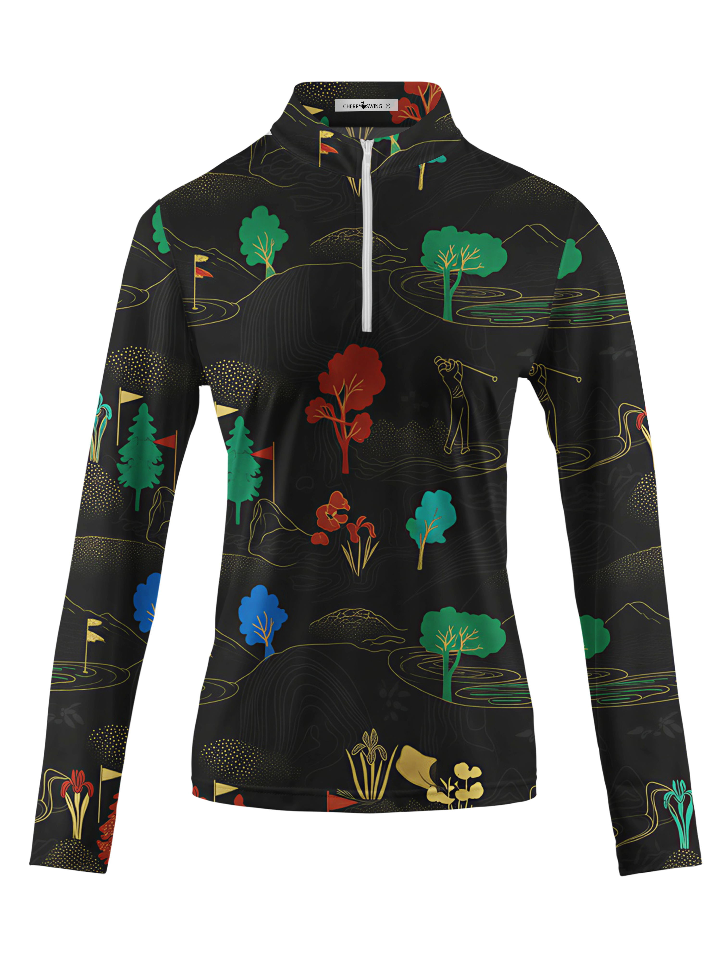 Cherryswing Women's Gradient Color FlowersLong Sleeve Golf Polo