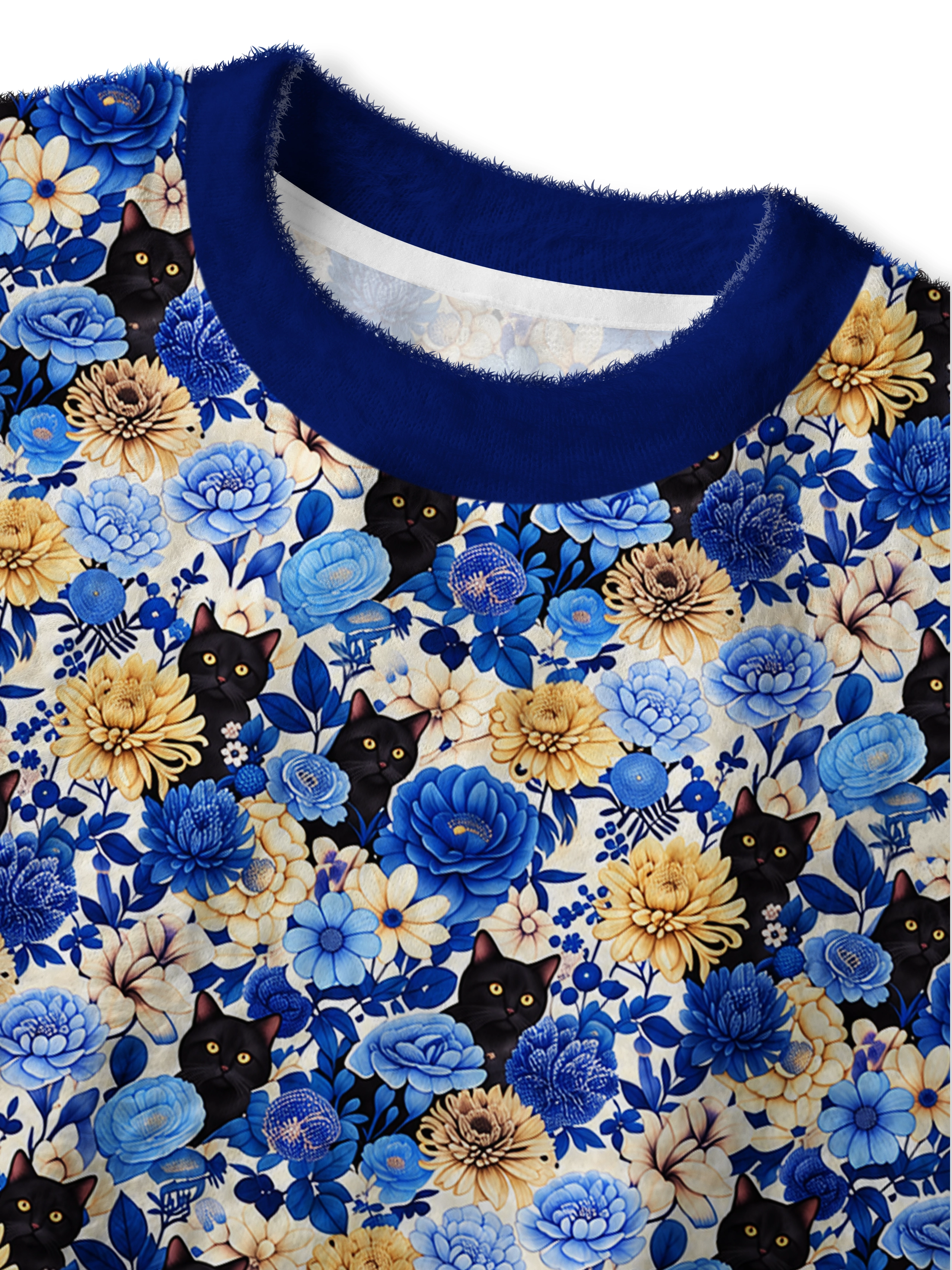 Cherryswing Women's Midnight Floral & Cat Fuzzy Knit Crew Neck Sweater