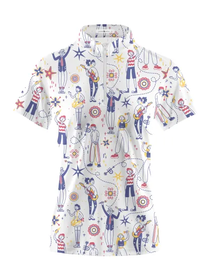 Cherryswing Women's Doodle Pattern Short Sleeve Polo Shirt