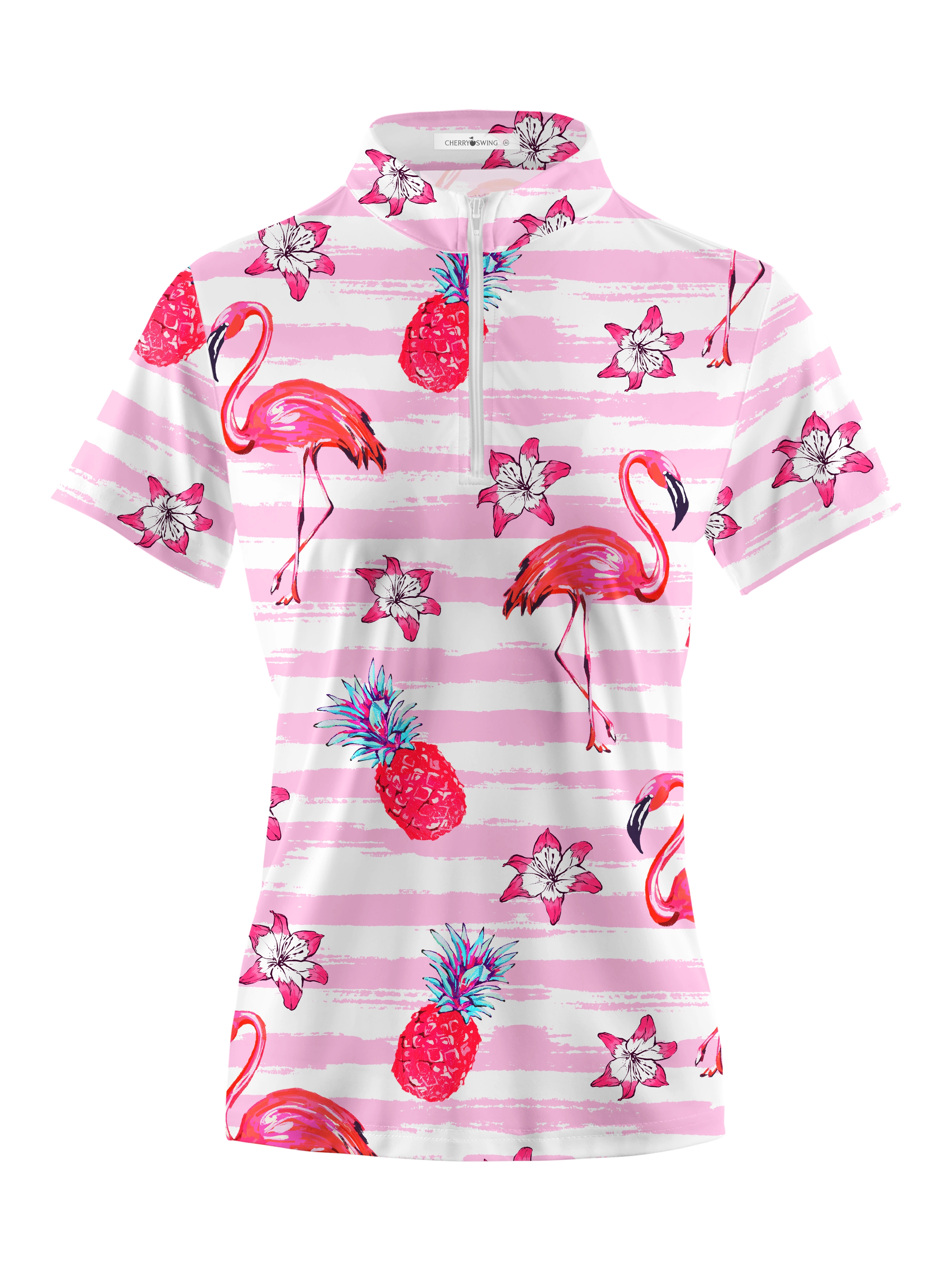 Cherryswing Women's Playful Flamingos Short Sleeve Polos