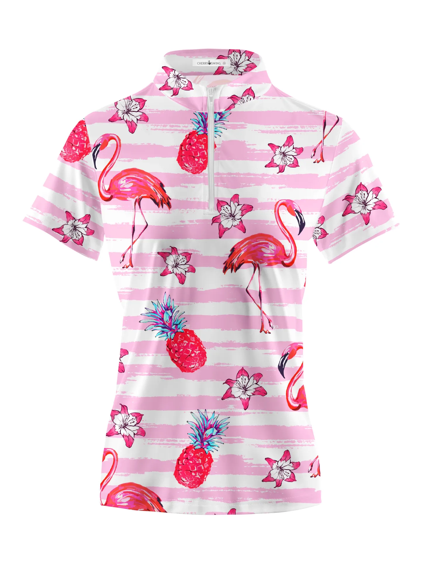 Cherryswing Women's Playful Flamingos Short Sleeve Polos