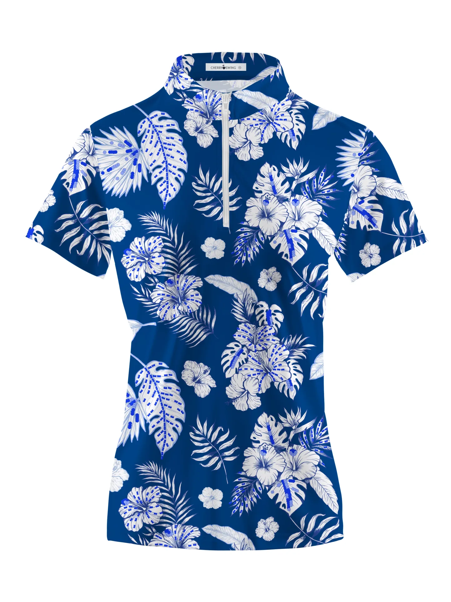 Cherryswing Women's Blue and White Flowers Short Sleeve Polo Shirt