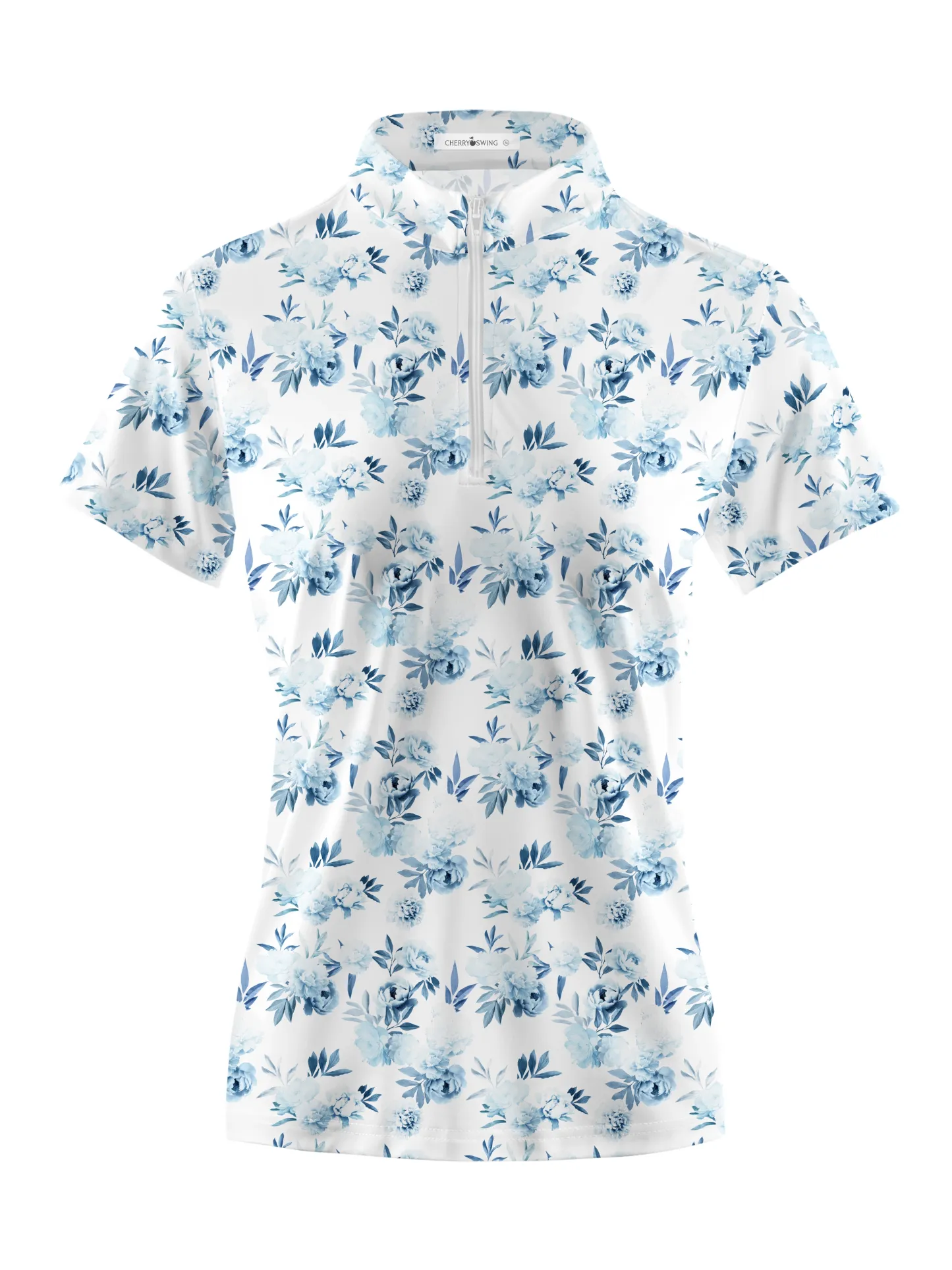 Cherryswing Women's Blue Floral Golf Short Sleeve Polo Shirt