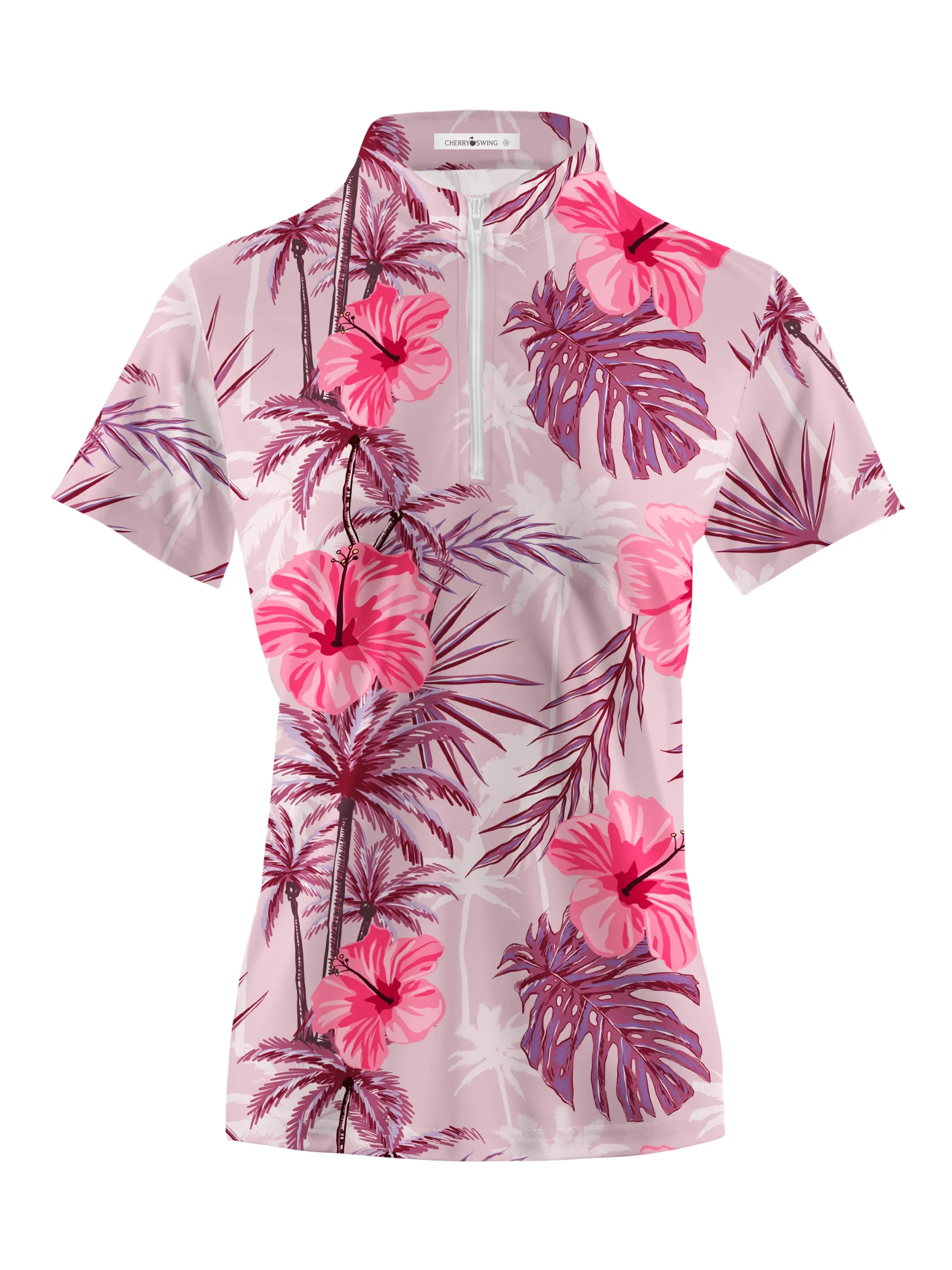 Cherryswing Women's Tropical Hibiscuss Short Sleeve Polo Shirt