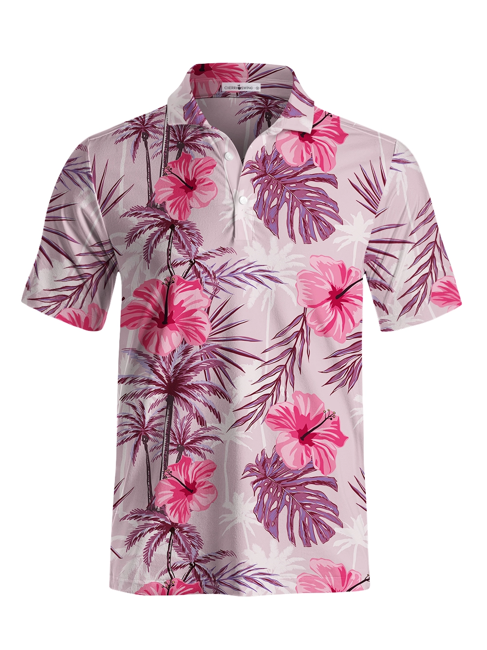 Cherryswing Tropical Hibiscuss Motif Men's Polo Shirt