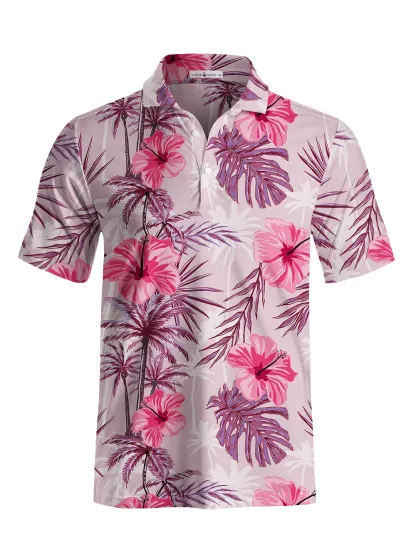 Cherryswing Tropical Hibiscuss Motif Men's Polo Shirt